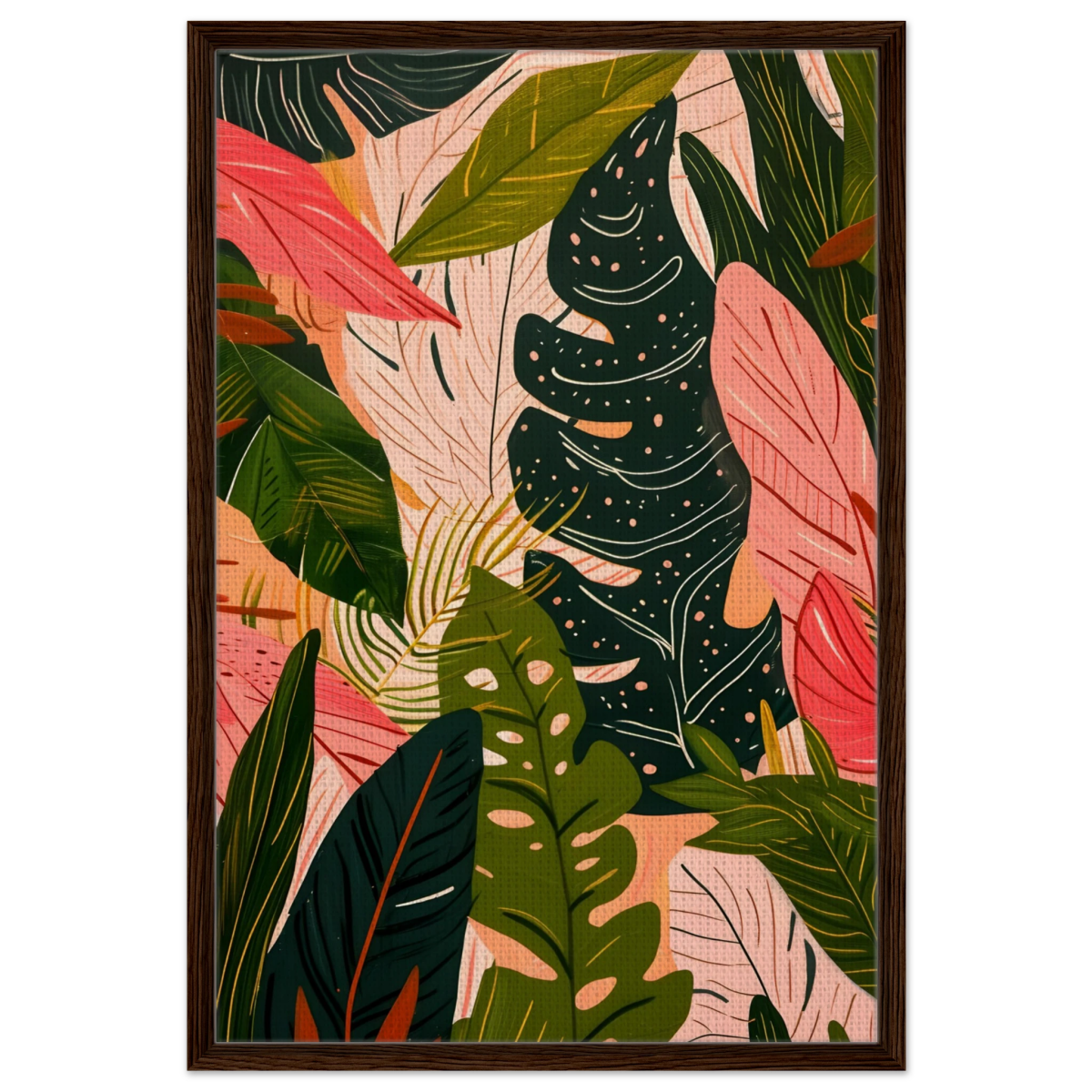 "Tropical Whispers" – A Lush Botanical Escape | Contemporary Botanical Art Wall art print - 60x90 cm / 24x36″ - Framed Canvas - Dark wood frame
