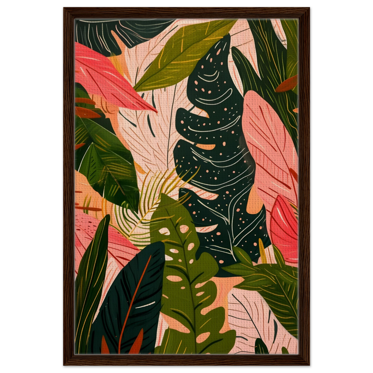 "Tropical Whispers" – A Lush Botanical Escape | Contemporary Botanical Art Wall art print - 50x75 cm / 20x30″ - Framed Canvas - Dark wood frame