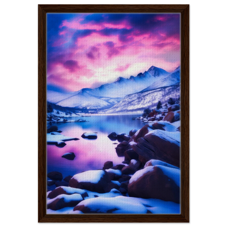 Twilight Serenity – Snowy Mountain Lake at Sunset | Wall Art Print - Framed Canvas - 40x60 cm / 16x24″ - Dark wood frame