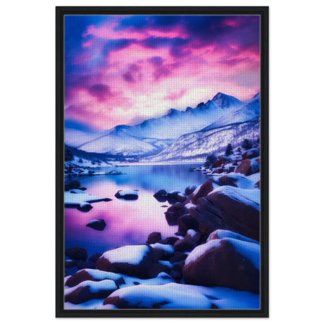 Twilight Serenity – Snowy Mountain Lake at Sunset | Wall Art Print - Framed Canvas - 60x90 cm / 24x36″ - Black frame