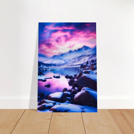 Twilight Serenity – Snowy Mountain Lake at Sunset | Wall Art Print - Brushed Aluminum Print - 60x90 cm / 24x36″ - 