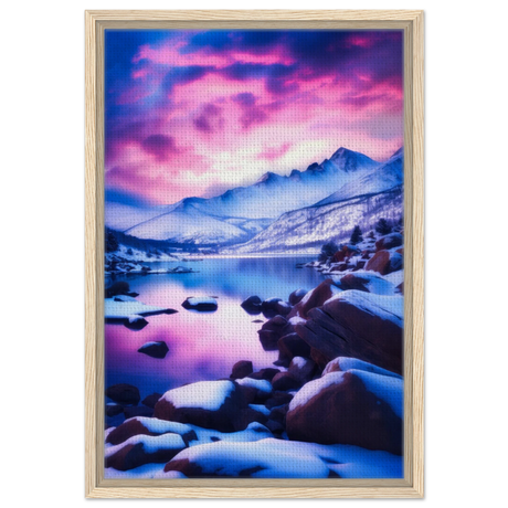 Twilight Serenity – Snowy Mountain Lake at Sunset | Wall Art Print - Framed Canvas - 40x60 cm / 16x24″ - Wood frame