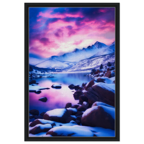 Twilight Serenity – Snowy Mountain Lake at Sunset | Wall Art Print - Framed Canvas - 50x75 cm / 20x30″ - Black frame