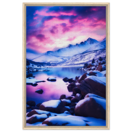 Twilight Serenity – Snowy Mountain Lake at Sunset | Wall Art Print - Framed Canvas - 60x90 cm / 24x36″ - Wood frame