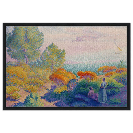 Two Women by the Shore, Mediterranean (1896) by Henri - Edmond Cross | Vintage Nature wall art print - Framed Canvas - 60x90 cm / 24x36″ - Black frame