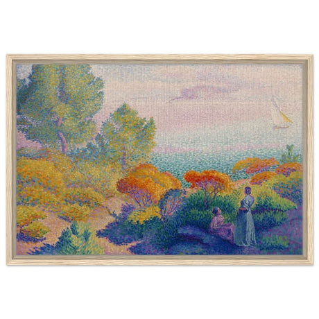 Two Women by the Shore, Mediterranean (1896) by Henri - Edmond Cross | Vintage Nature wall art print - Framed Canvas - 50x75 cm / 20x30″ - Wood frame