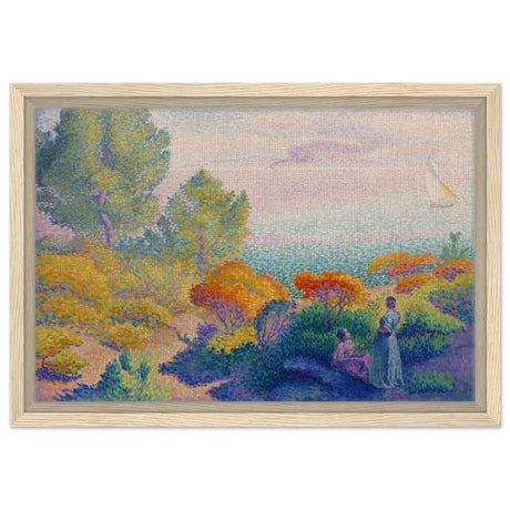 Two Women by the Shore, Mediterranean (1896) by Henri - Edmond Cross | Vintage Nature wall art print - Framed Canvas - 30x45 cm / 12x18″ - Wood frame