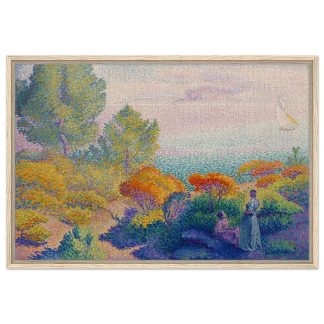 Two Women by the Shore, Mediterranean (1896) by Henri - Edmond Cross | Vintage Nature wall art print - Framed Canvas - 60x90 cm / 24x36″ - Wood frame