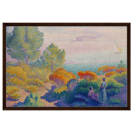 Two Women by the Shore, Mediterranean (1896) by Henri - Edmond Cross | Vintage Nature wall art print - Framed Canvas - 60x90 cm / 24x36″ - Dark wood frame