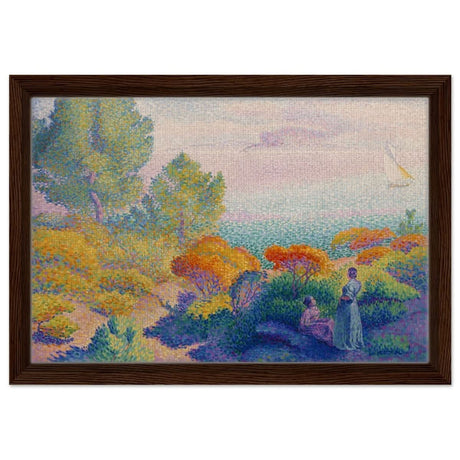 Two Women by the Shore, Mediterranean (1896) by Henri - Edmond Cross | Vintage Nature wall art print - Framed Canvas - 30x45 cm / 12x18″ - Dark wood frame