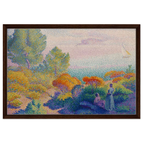 Two Women by the Shore, Mediterranean (1896) by Henri - Edmond Cross | Vintage Nature wall art print - Framed Canvas - 50x75 cm / 20x30″ - Dark wood frame