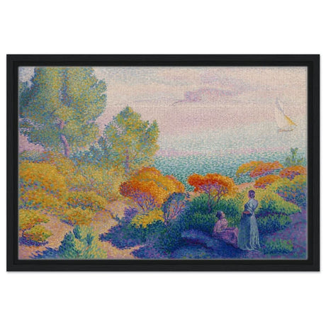 Two Women by the Shore, Mediterranean (1896) by Henri - Edmond Cross | Vintage Nature wall art print - Framed Canvas - 40x60 cm / 16x24″ - Black frame
