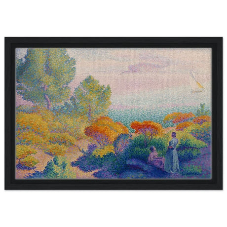 Two Women by the Shore, Mediterranean (1896) by Henri - Edmond Cross | Vintage Nature wall art print - Framed Canvas - 30x45 cm / 12x18″ - Black frame
