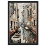 Venetian Canal Serenity – Gondola Boats Wall Art Print - Framed Canvas - 40x60 cm / 16x24″ - Black frame