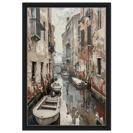 Venetian Canal Serenity – Gondola Boats Wall Art Print - Framed Canvas - 40x60 cm / 16x24″ - Black frame