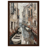 Venetian Canal Serenity – Gondola Boats Wall Art Print - Framed Canvas - 40x60 cm / 16x24″ - Dark wood frame