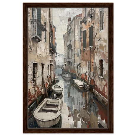 Venetian Canal Serenity – Gondola Boats Wall Art Print - Framed Canvas - 40x60 cm / 16x24″ - Dark wood frame