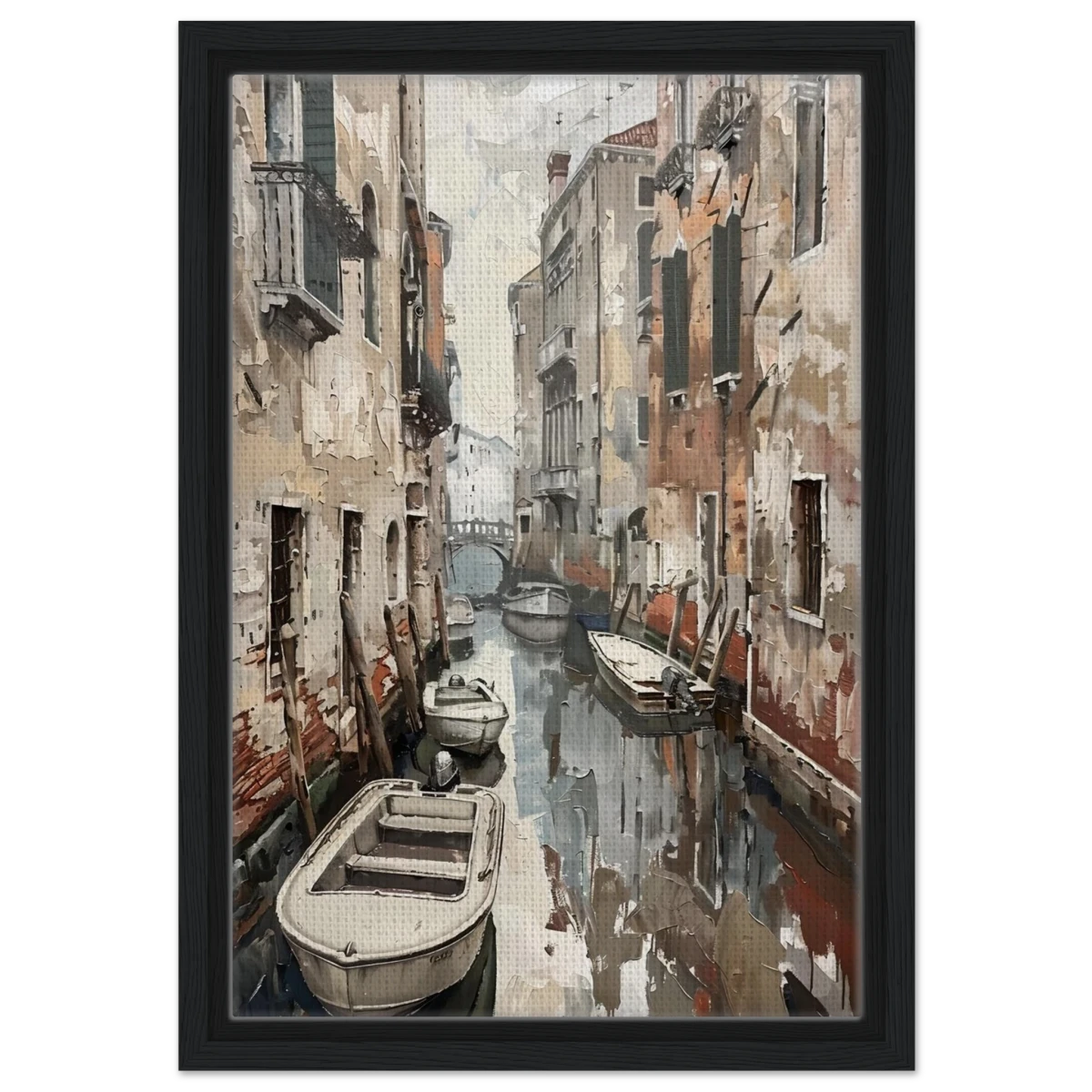 Venetian Canal Serenity – Gondola Boats Wall Art Print - Framed Canvas - 30x45 cm / 12x18″ - Black frame