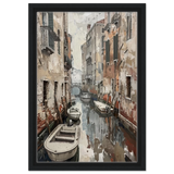 Venetian Canal Serenity – Gondola Boats Wall Art Print - Framed Canvas - 30x45 cm / 12x18″ - Black frame