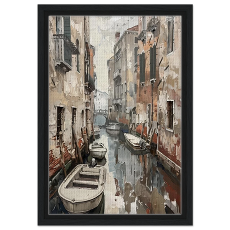 Venetian Canal Serenity – Gondola Boats Wall Art Print - Framed Canvas - 30x45 cm / 12x18″ - Black frame