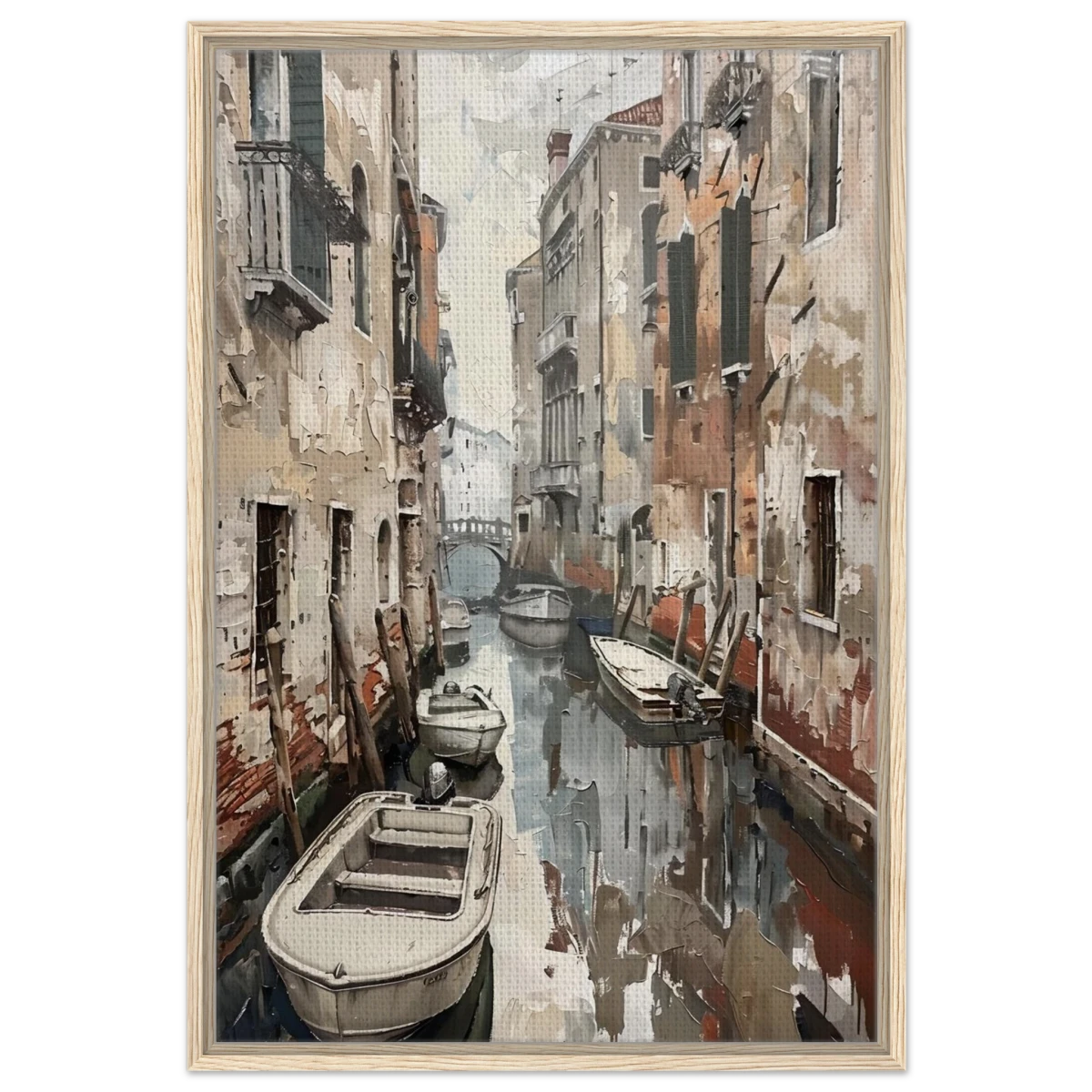 Venetian Canal Serenity – Gondola Boats Wall Art Print - Framed Canvas - 60x90 cm / 24x36″ - Wood frame