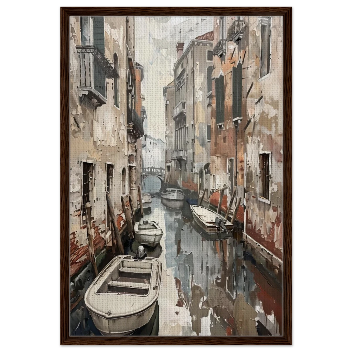 Venetian Canal Serenity – Gondola Boats Wall Art Print - Framed Canvas - 60x90 cm / 24x36″ - Dark wood frame