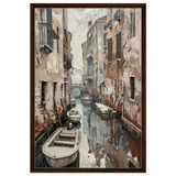 Venetian Canal Serenity – Gondola Boats Wall Art Print - Framed Canvas - 60x90 cm / 24x36″ - Dark wood frame