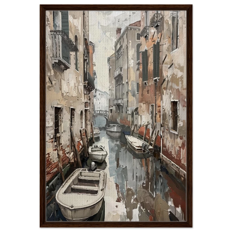 Venetian Canal Serenity – Gondola Boats Wall Art Print - Framed Canvas - 60x90 cm / 24x36″ - Dark wood frame
