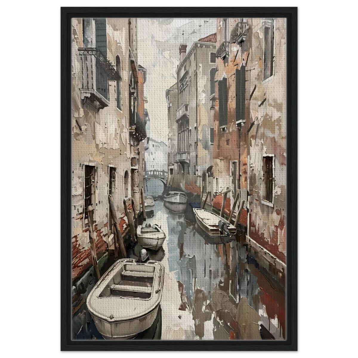 Venetian Canal Serenity – Gondola Boats Wall Art Print - Framed Canvas - 50x75 cm / 20x30″ - Black frame