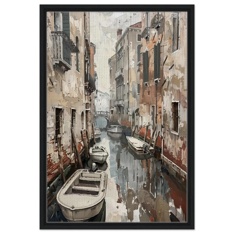 Venetian Canal Serenity – Gondola Boats Wall Art Print - Framed Canvas - 50x75 cm / 20x30″ - Black frame