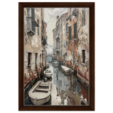 Venetian Canal Serenity – Gondola Boats Wall Art Print - Framed Canvas - 30x45 cm / 12x18″ - Dark wood frame