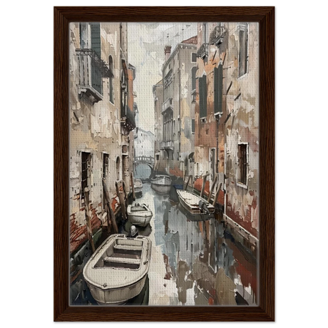 Venetian Canal Serenity – Gondola Boats Wall Art Print - Framed Canvas - 30x45 cm / 12x18″ - Dark wood frame