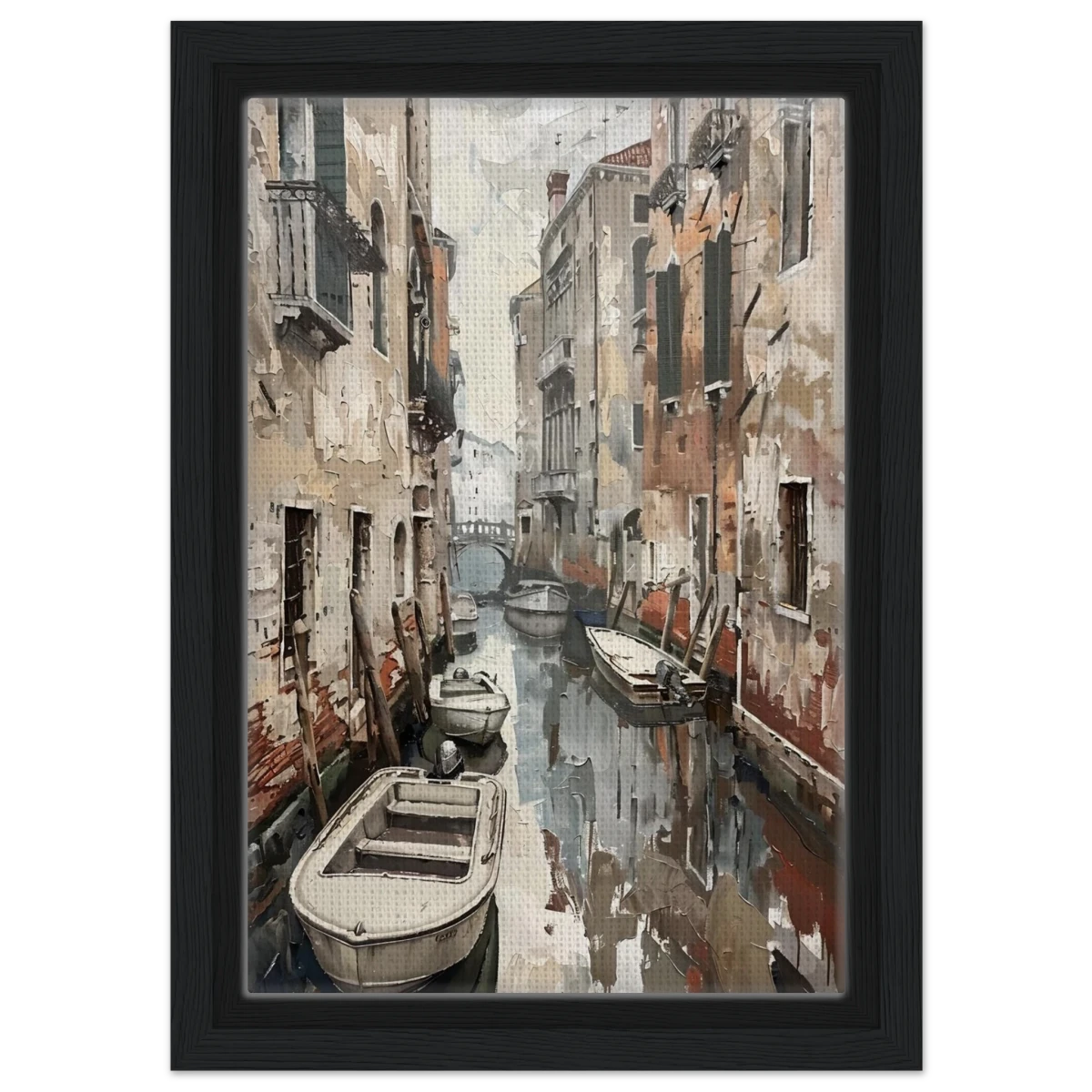 Venetian Canal Serenity – Gondola Boats Wall Art Print - Framed Canvas - 20x30 cm / 8x12″ - Black frame