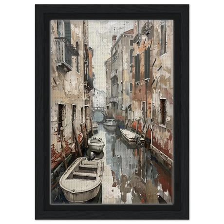 Venetian Canal Serenity – Gondola Boats Wall Art Print - Framed Canvas - 20x30 cm / 8x12″ - Black frame