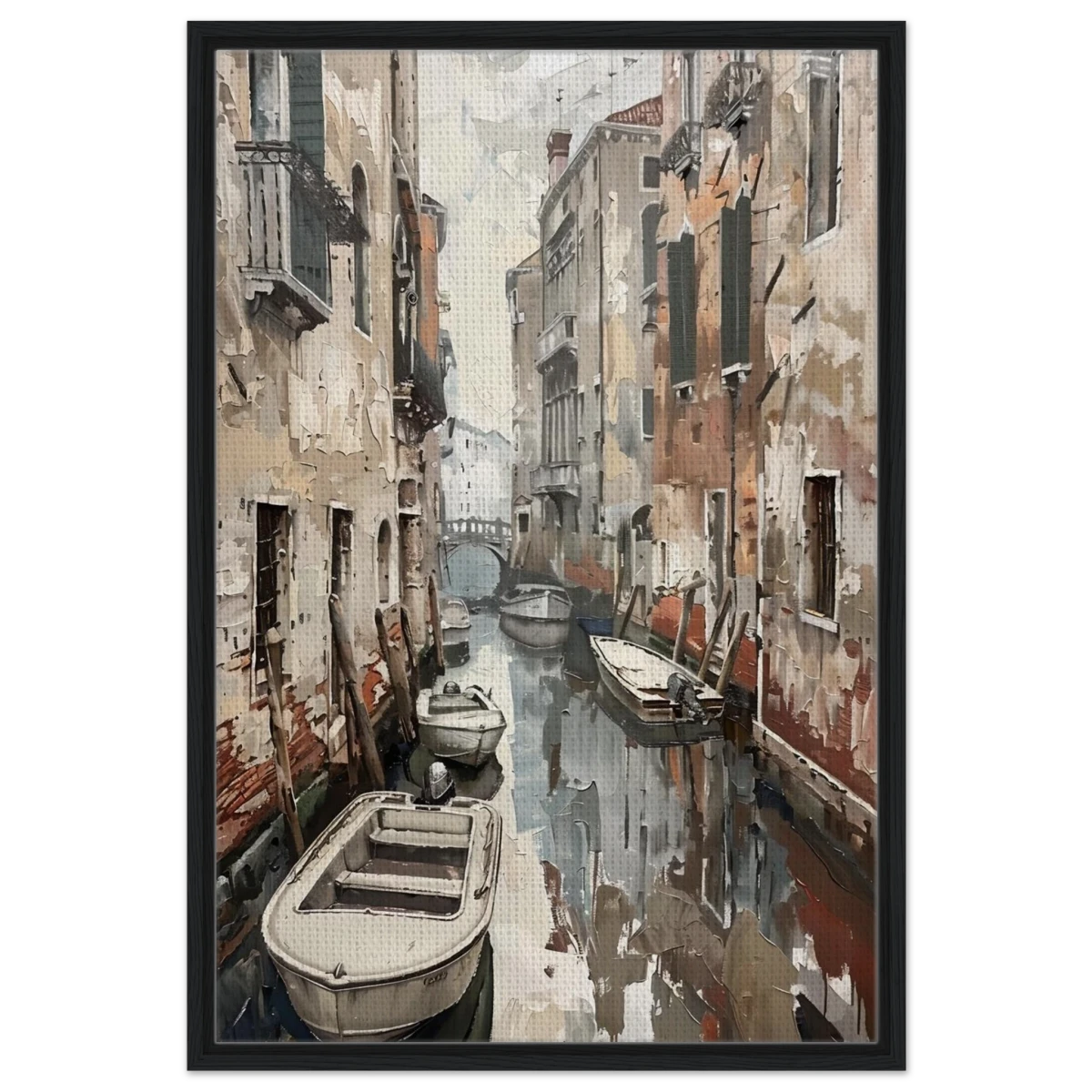 Venetian Canal Serenity – Gondola Boats Wall Art Print - Framed Canvas - 60x90 cm / 24x36″ - Black frame