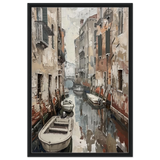 Venetian Canal Serenity – Gondola Boats Wall Art Print - Framed Canvas - 60x90 cm / 24x36″ - Black frame