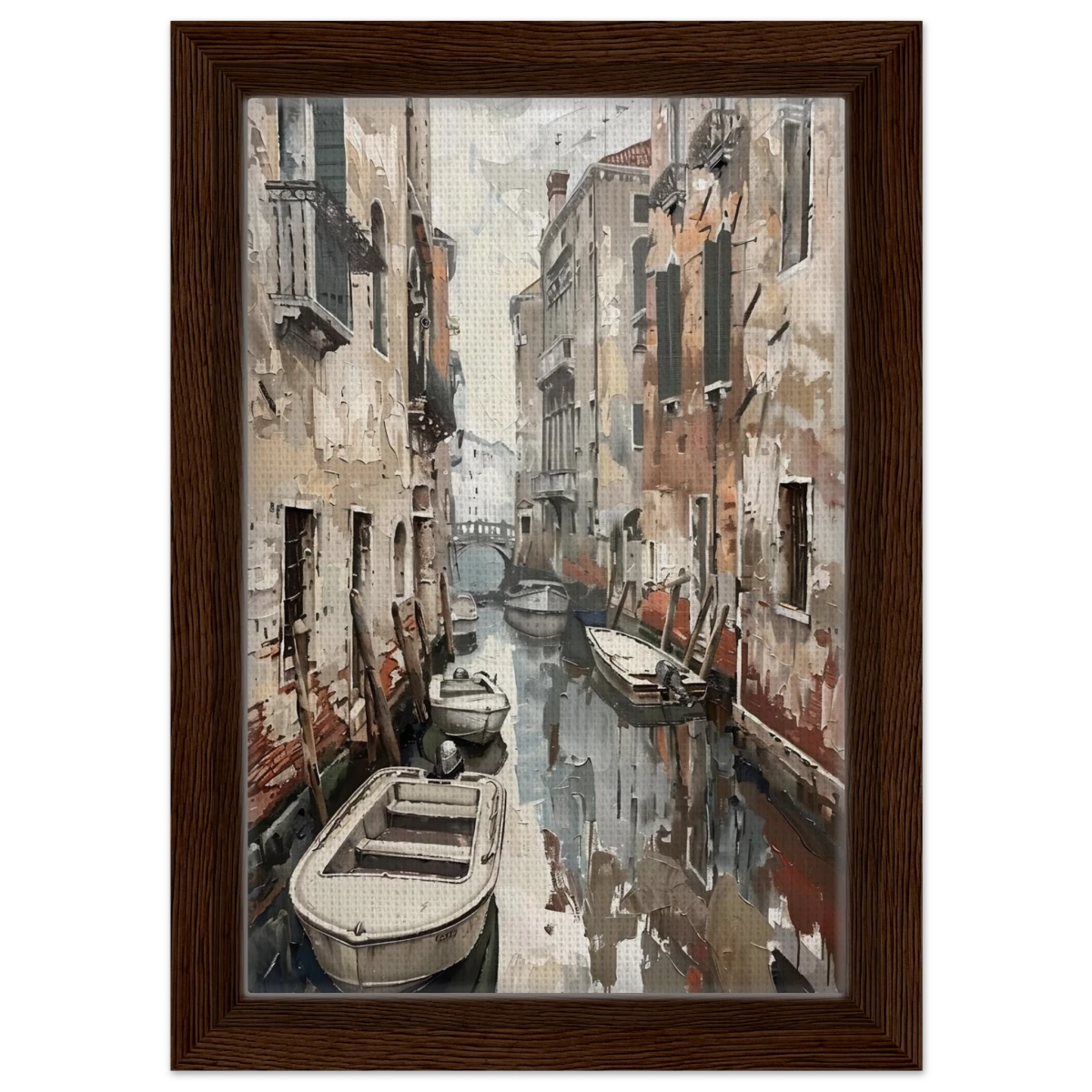 Venetian Canal Serenity – Gondola Boats Wall Art Print - Framed Canvas - 20x30 cm / 8x12″ - Dark wood frame