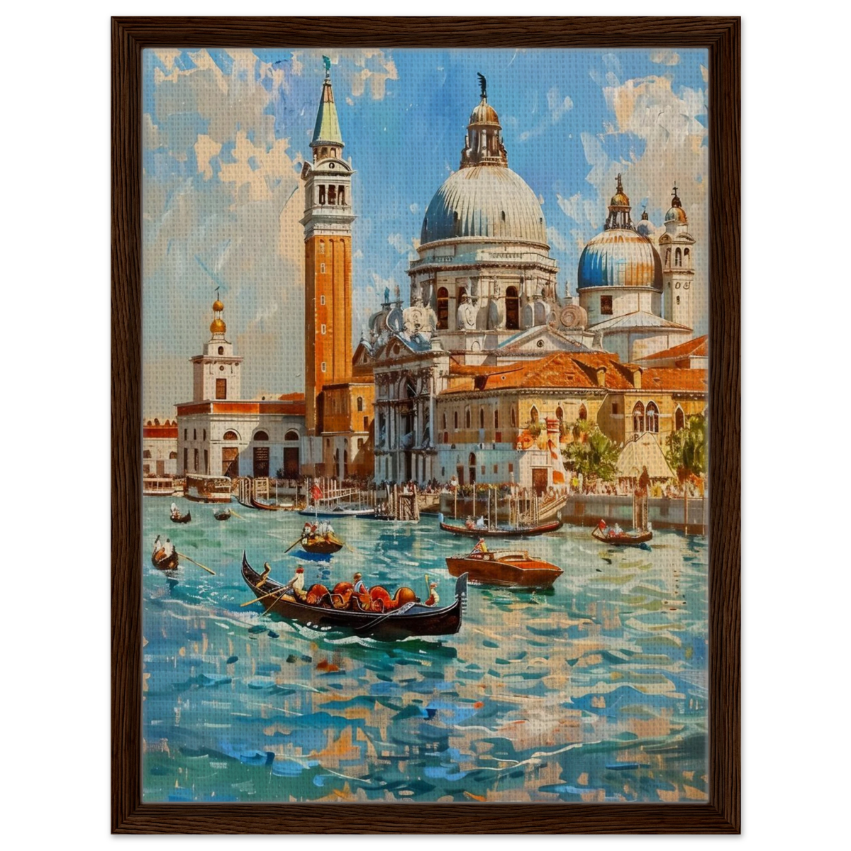 Venetian Grandeur – Gondolas on the Grand Canal Wall Art Print - Framed Canvas - 45x60 cm / 18x24″ - Dark wood frame