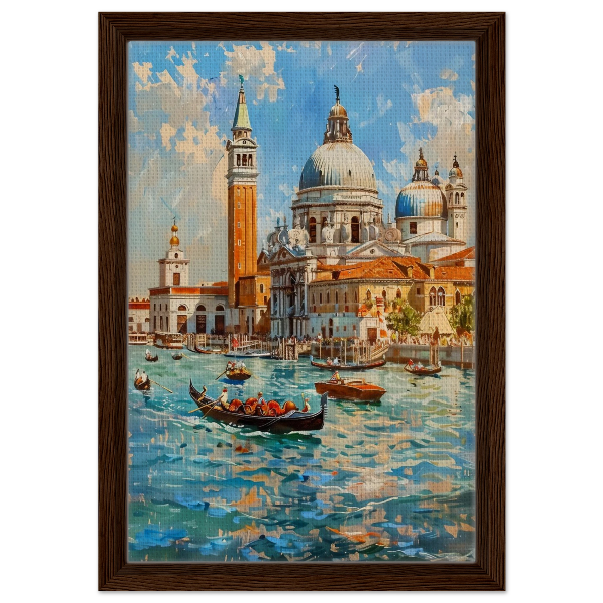 Venetian Grandeur – Gondolas on the Grand Canal Wall Art Print - Framed Canvas - 30x45 cm / 12x18″ - Dark wood frame
