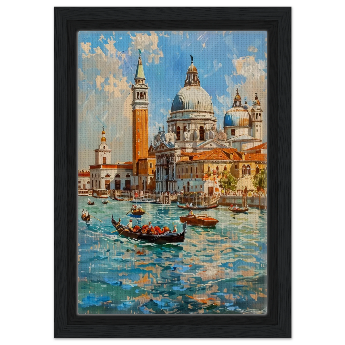 Venetian Grandeur – Gondolas on the Grand Canal Wall Art Print - Framed Canvas - 20x30 cm / 8x12″ - Black frame