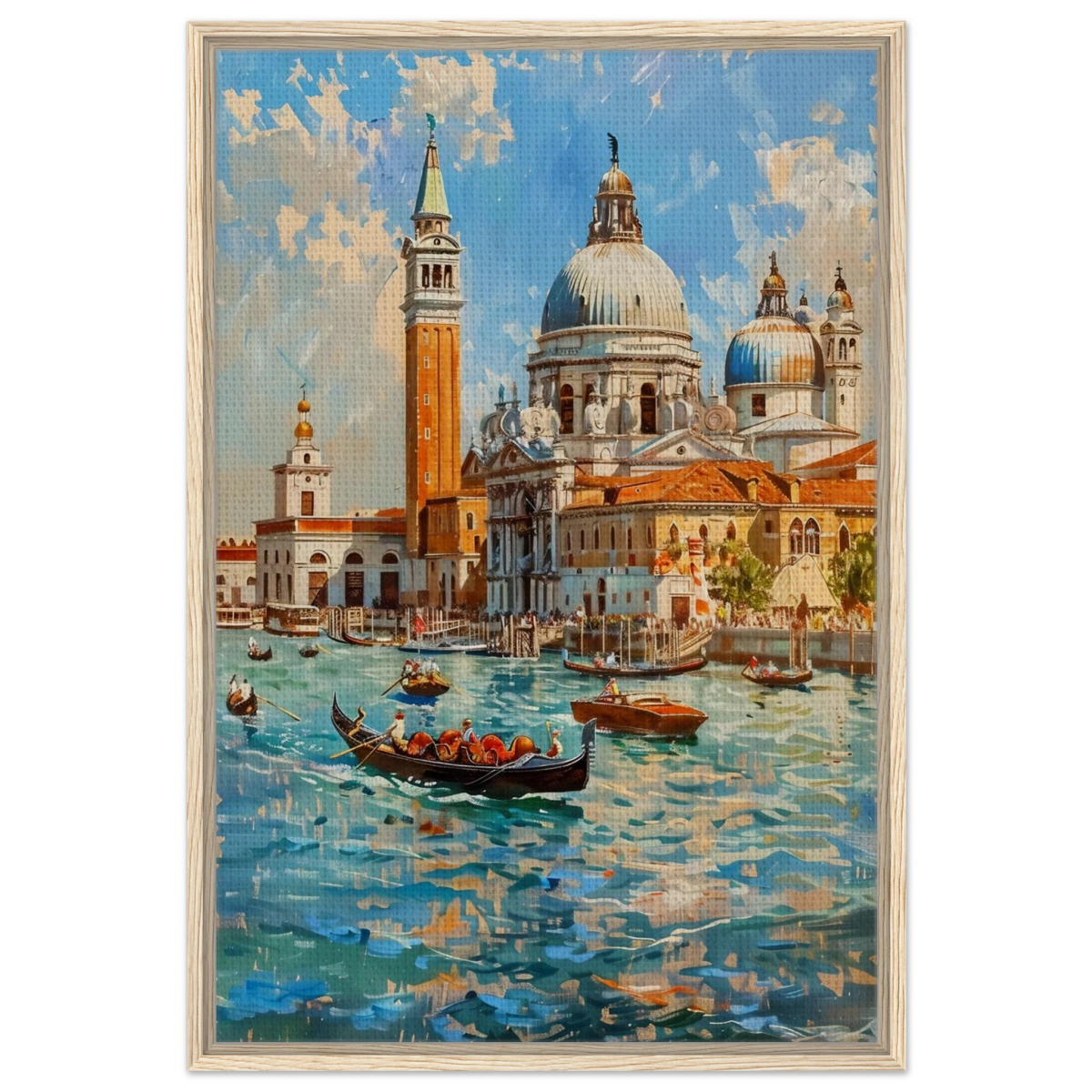 Venetian Grandeur – Gondolas on the Grand Canal Wall Art Print - Framed Canvas - 60x90 cm / 24x36″ - Wood frame