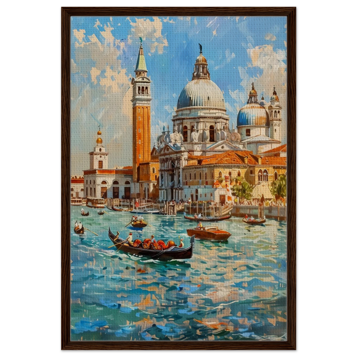 Venetian Grandeur – Gondolas on the Grand Canal Wall Art Print - Framed Canvas - 60x90 cm / 24x36″ - Dark wood frame