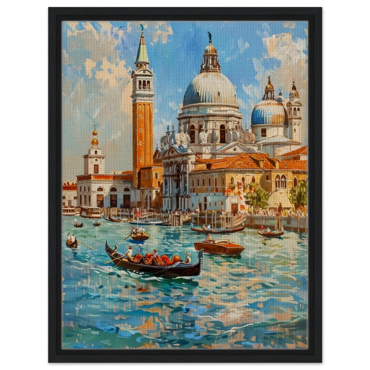 Venetian Grandeur – Gondolas on the Grand Canal Wall Art Print - Framed Canvas - 45x60 cm / 18x24″ - Black frame
