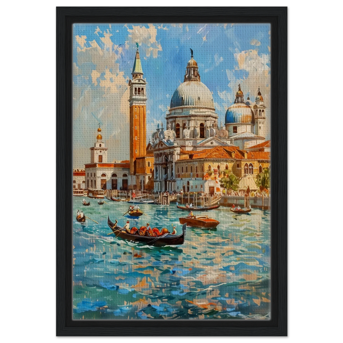 Venetian Grandeur – Gondolas on the Grand Canal Wall Art Print - Framed Canvas - 30x45 cm / 12x18″ - Black frame