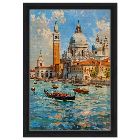 Venetian Grandeur – Gondolas on the Grand Canal Wall Art Print - Framed Canvas - 30x45 cm / 12x18″ - Black frame