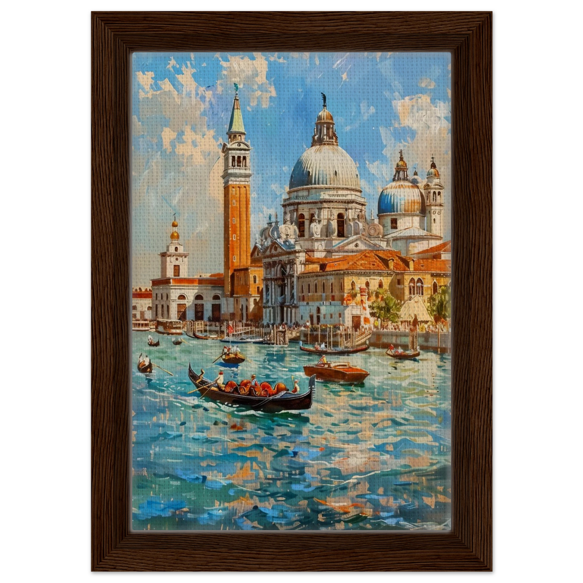 Venetian Grandeur – Gondolas on the Grand Canal Wall Art Print - Framed Canvas - 20x30 cm / 8x12″ - Dark wood frame