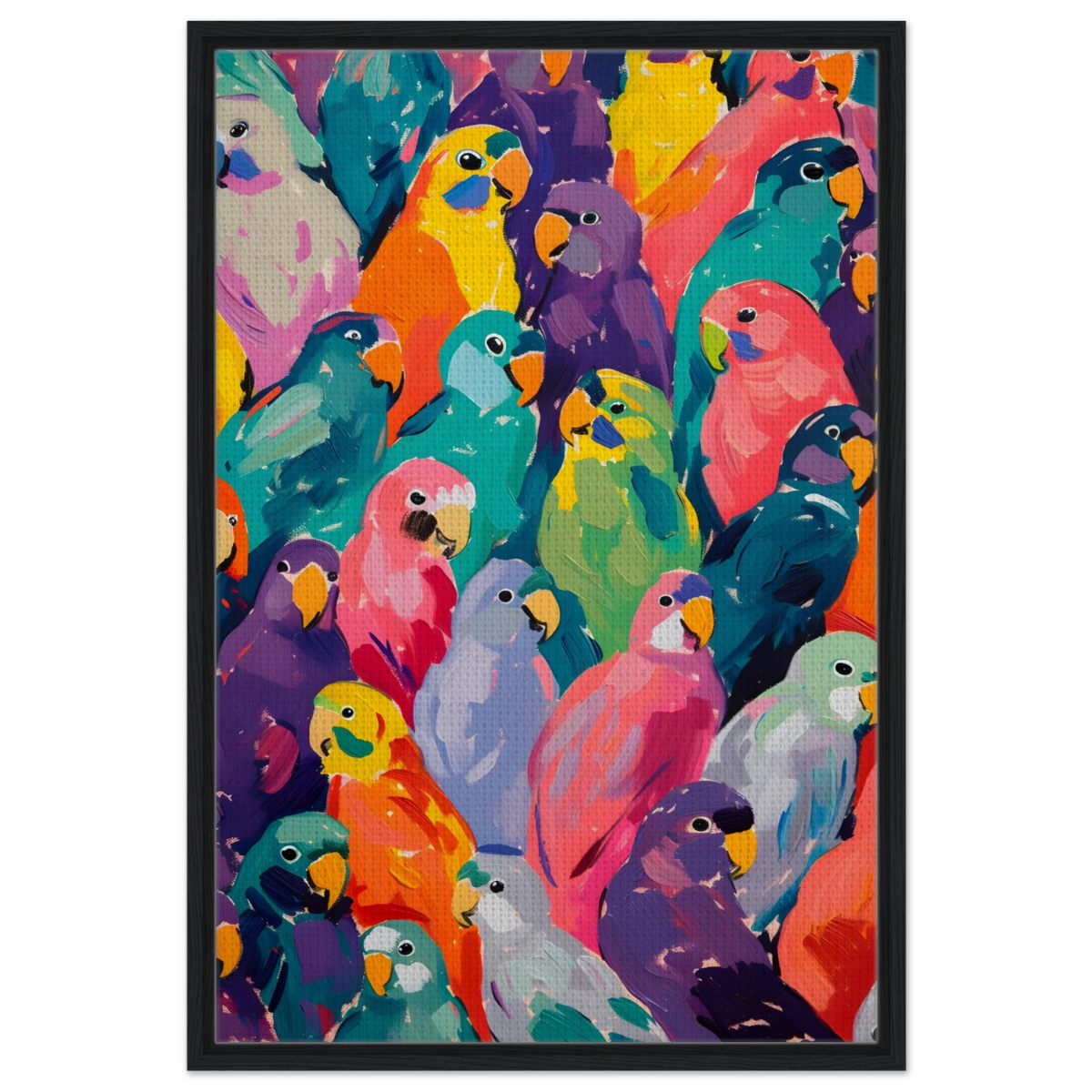 "Vibrant Flock" – A Burst of Color and Life | Wall art Print - 60x90 cm / 24x36″ - Framed Canvas - Black frame