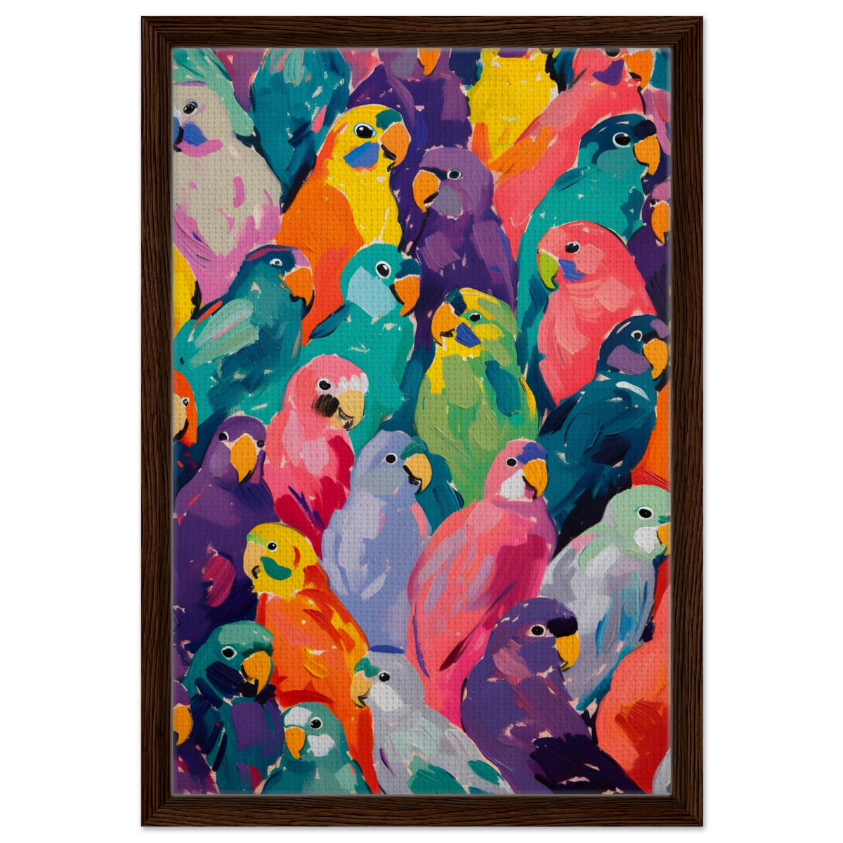"Vibrant Flock" – A Burst of Color and Life | Wall art Print - 40x60 cm / 16x24″ - Framed Canvas - Dark wood frame