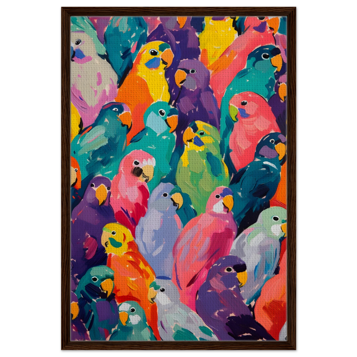 "Vibrant Flock" – A Burst of Color and Life | Wall art Print - 60x90 cm / 24x36″ - Framed Canvas - Dark wood frame