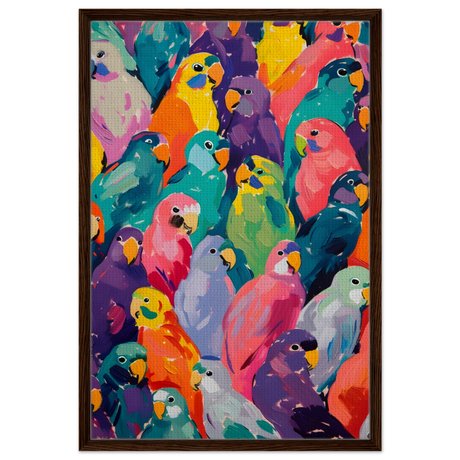 "Vibrant Flock" – A Burst of Color and Life | Wall art Print - 60x90 cm / 24x36″ - Framed Canvas - Dark wood frame